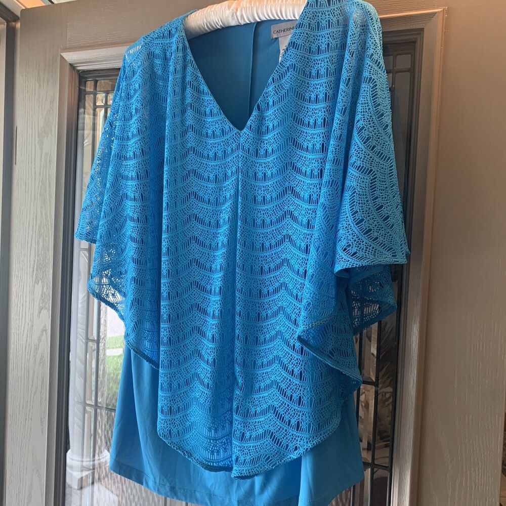 CATHERINES  LACE OVERLAY TUNIC TOP SZ 1X (18-20W) TURQUOISE STRETCH